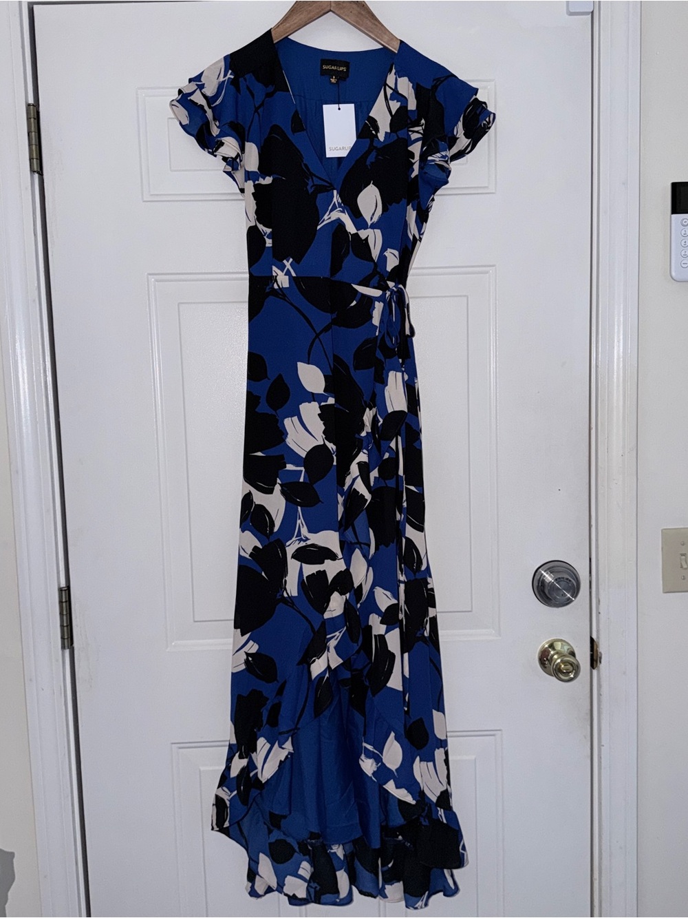 Sugarlips Blue Floral Wrap Maxi Dress with Tie Waist. Sz S - Picture 6 of 6